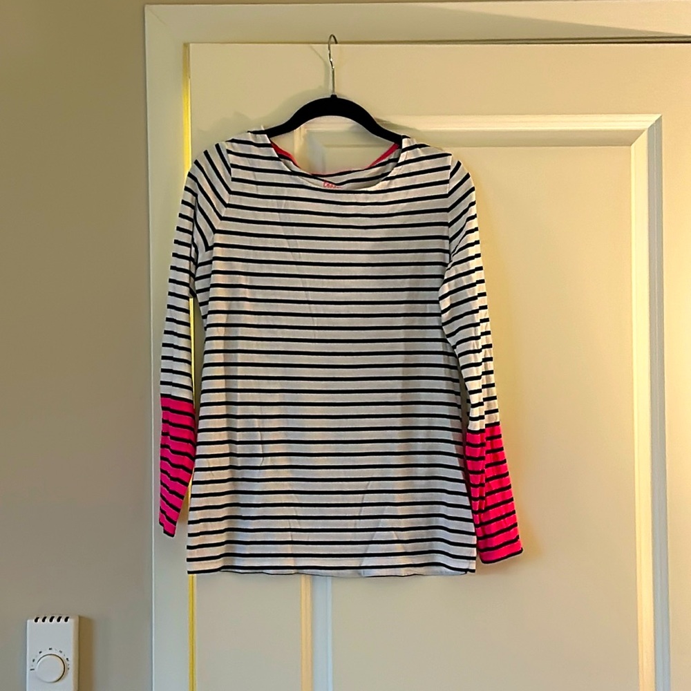 Boden Long Sleeve Breton Top - Navy & White Stripe with Pink Dip Dyed Sleeves